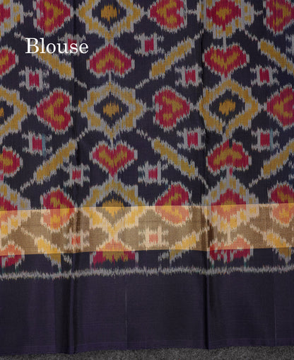 Beautiful Blue Puremix Silk Saree With Contrast Navy Blue Pochampalli Blouse