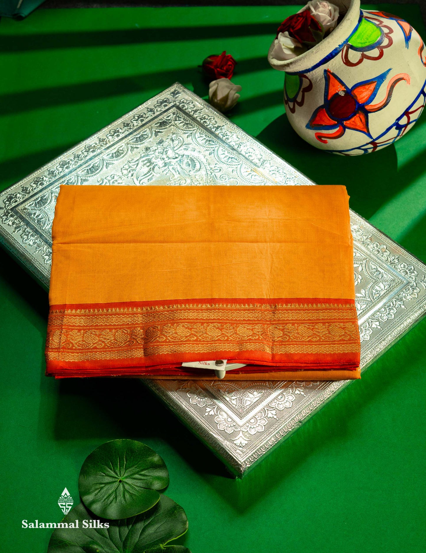 Beautiful Yellow Plain Pure Cotton Saree With Contrast Orange Traditional Border