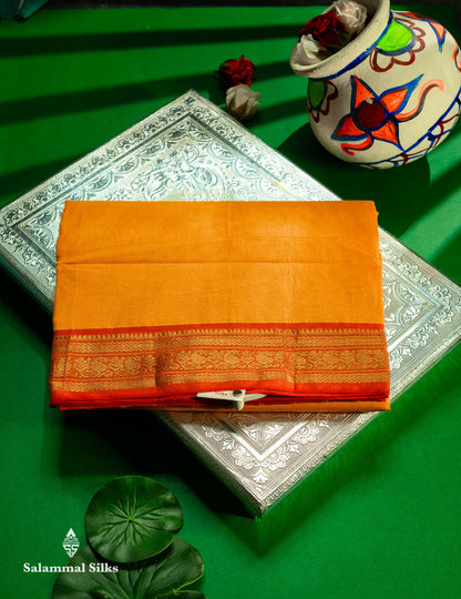 Beautiful Yellow Plain Pure Cotton Saree With Contrast Orange Traditional Border