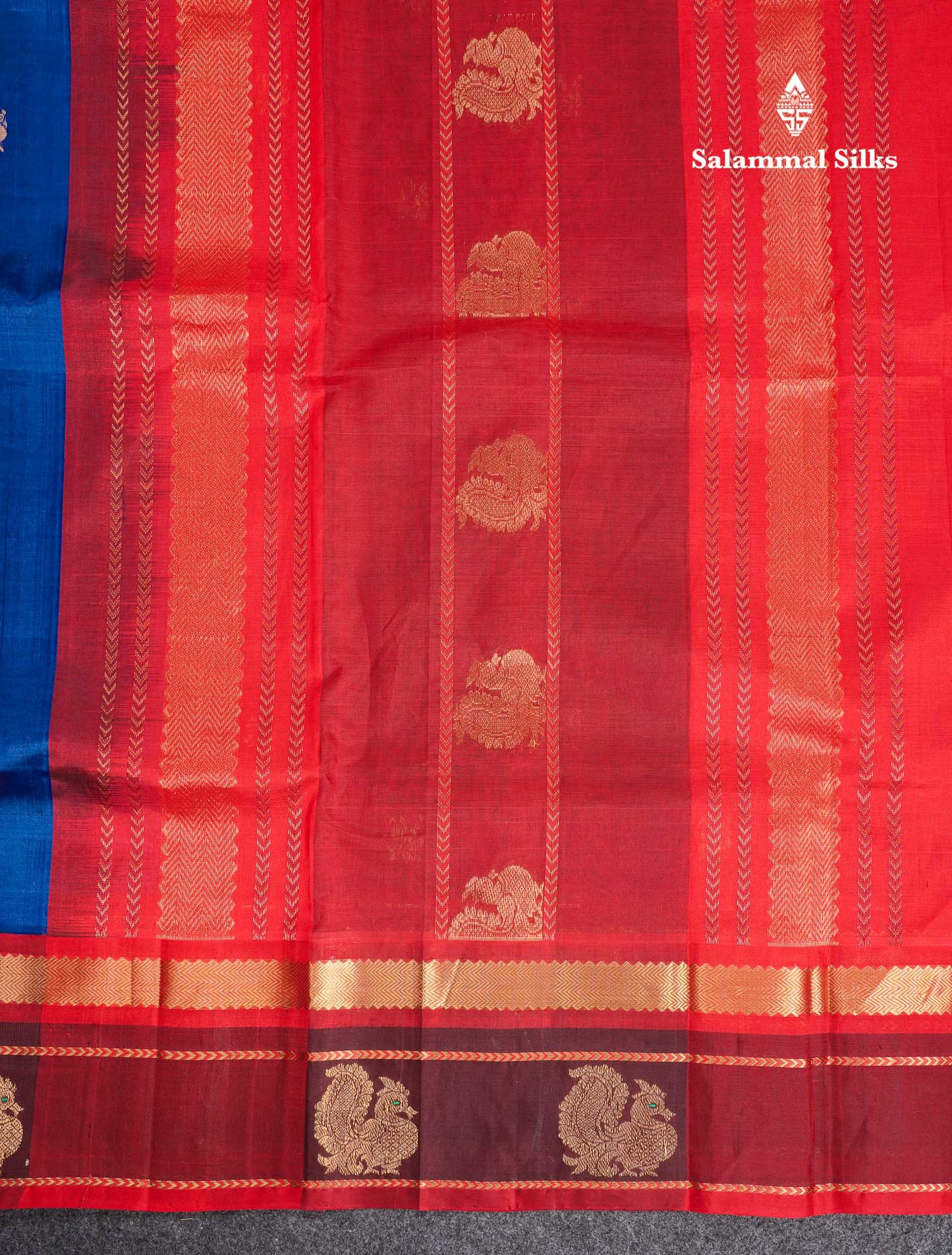 Beautiful Royal Blue Peacock Zari Buttas Pure Silk Cotton Saree With Contrast Dark Maroon Traditional Border