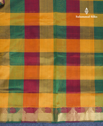 Beautiful Paalum Pazham Checks Pure Silk Cotton Saree With Contrast Bottle Green Blouse