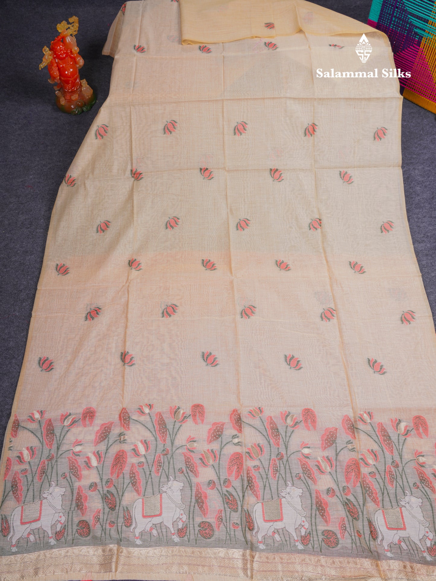 Beautiful Sandal Meenakari Work Muga Cotton Saree With Komatha Pallu Contrast Navy Blue Blouse