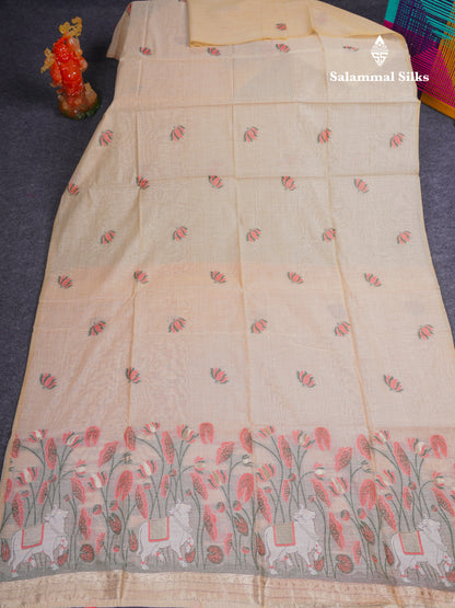 Beautiful Sandal Meenakari Work Muga Cotton Saree With Komatha Pallu Contrast Navy Blue Blouse