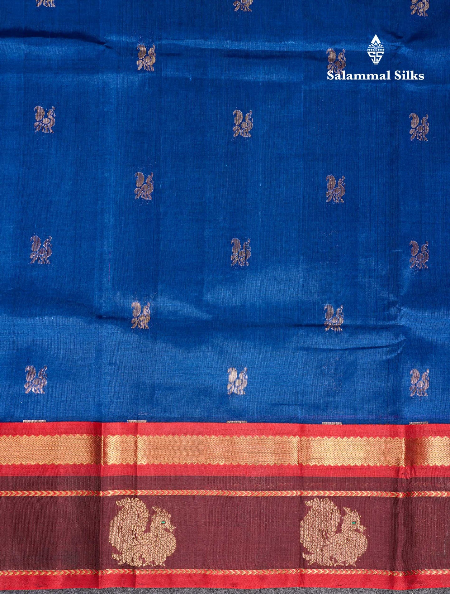Beautiful Royal Blue Peacock Zari Buttas Pure Silk Cotton Saree With Contrast Dark Maroon Traditional Border
