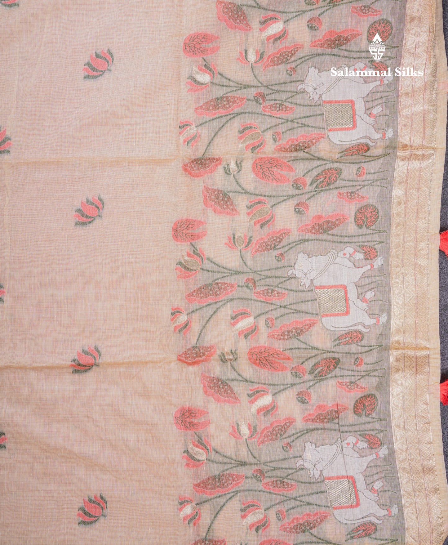 Beautiful Sandal Meenakari Work Muga Cotton Saree With Komatha Pallu Contrast Navy Blue Blouse