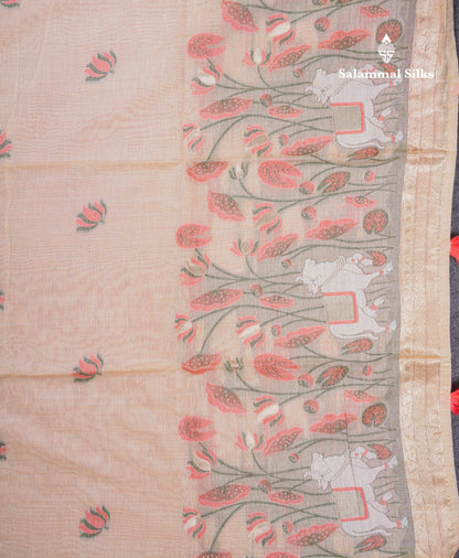 Beautiful Sandal Meenakari Work Muga Cotton Saree With Komatha Pallu Contrast Navy Blue Blouse