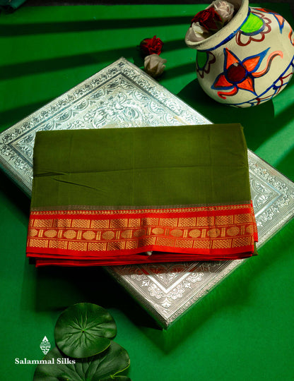 Beautiful Parrot Green Plain Pure Cotton Saree With Contrast Orange Traditional Border