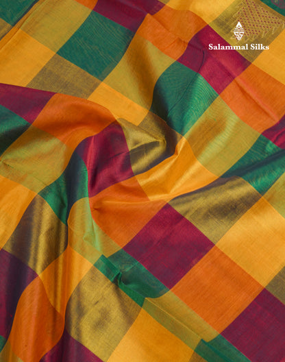 Beautiful Paalum Pazham Checks Pure Silk Cotton Saree With Contrast Bottle Green Blouse