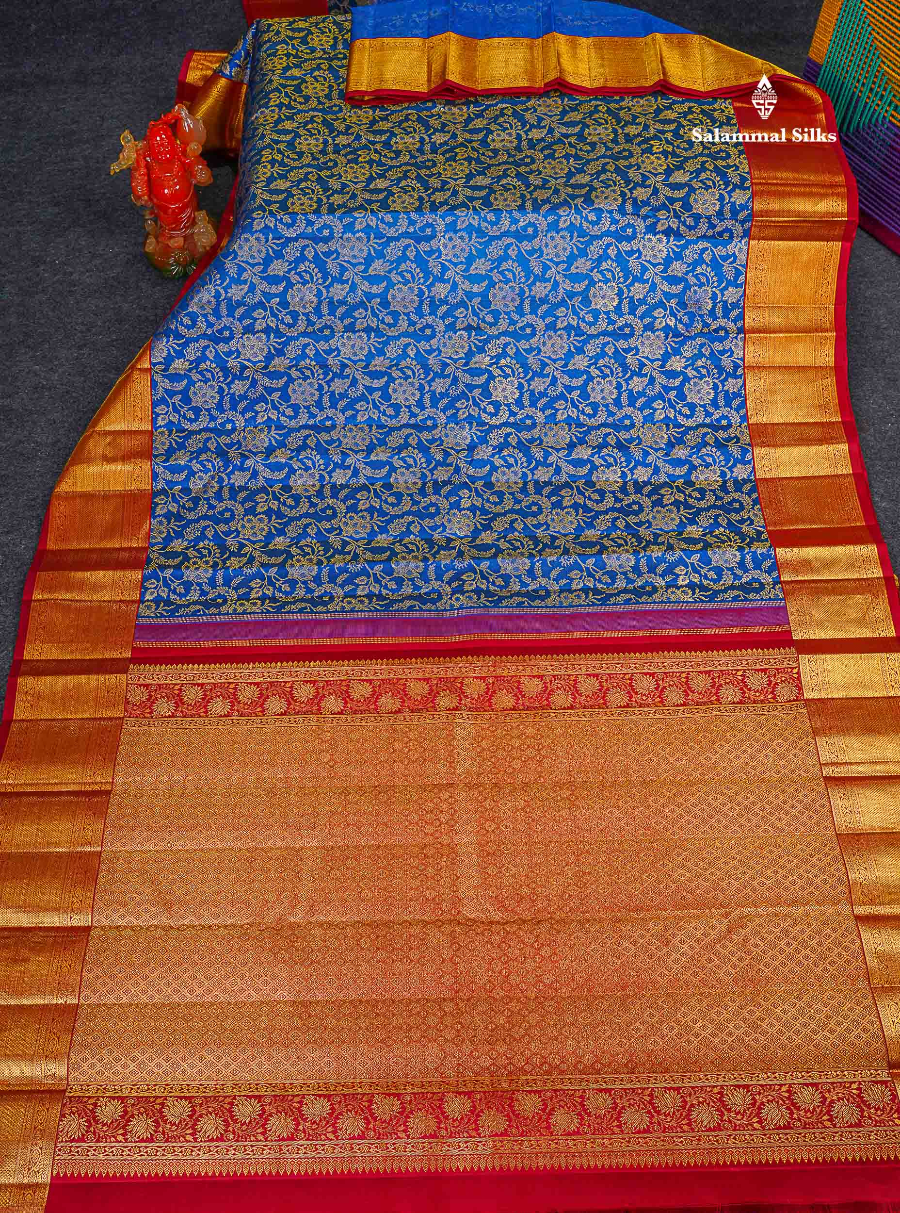 Korvai 2G Zari Kanjivaram Silk Saree - Royal Blue Colour Body With Contrast Maroon Border