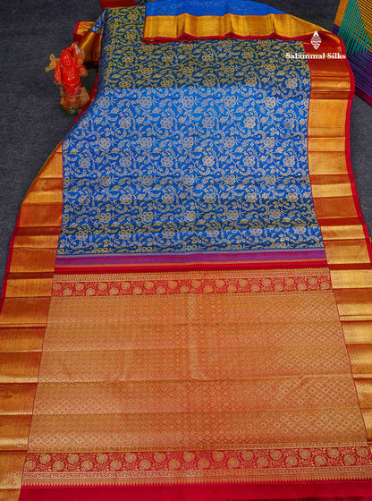 Korvai 2G Zari Kanjivaram Silk Saree - Royal Blue Colour Body With Contrast Maroon Border