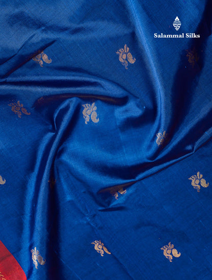 Beautiful Royal Blue Peacock Zari Buttas Pure Silk Cotton Saree With Contrast Dark Maroon Traditional Border
