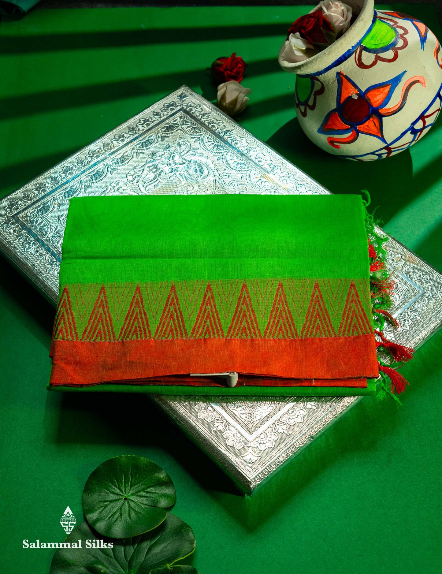 Beautiful Parrot Green Plain Pure Cotton Saree With Contrast Red Traditional Temple Border