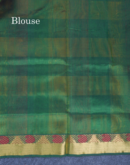 Beautiful Paalum Pazham Checks Pure Silk Cotton Saree With Contrast Bottle Green Blouse