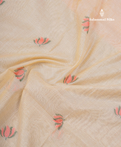 Beautiful Sandal Meenakari Work Muga Cotton Saree With Komatha Pallu Contrast Navy Blue Blouse