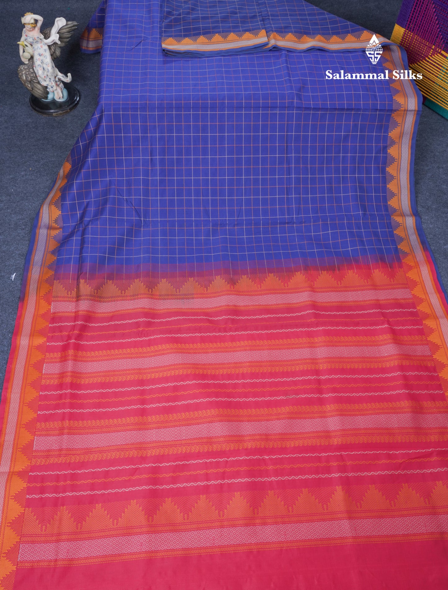 Navy Blue Thread Work Checks Pure Silk Cotton Saree With Contrast Reddish Maroon Blouse