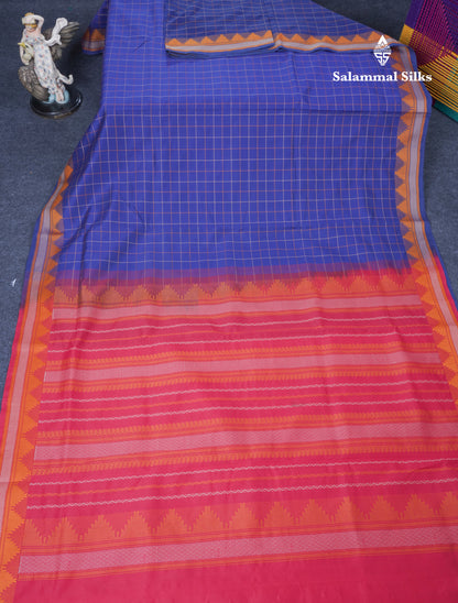 Navy Blue Thread Work Checks Pure Silk Cotton Saree With Contrast Reddish Maroon Blouse
