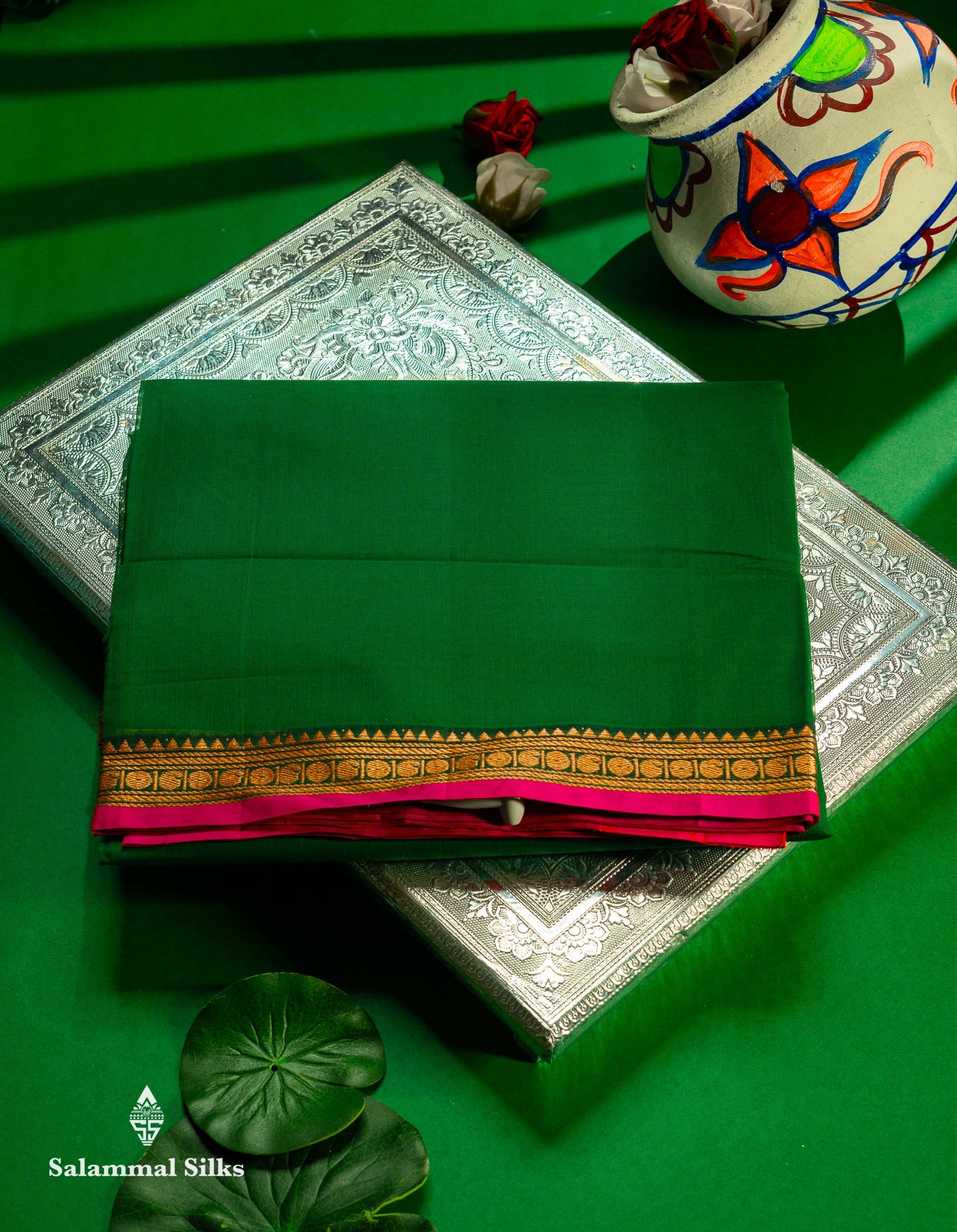 Beautiful Redish Maroon Plain Pure Cotton Saree With Contrast Dual Tone Bottle Green Thread Work Traditional Small Border