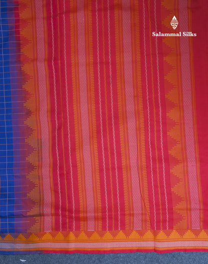 Navy Blue Thread Work Checks Pure Silk Cotton Saree With Contrast Reddish Maroon Blouse