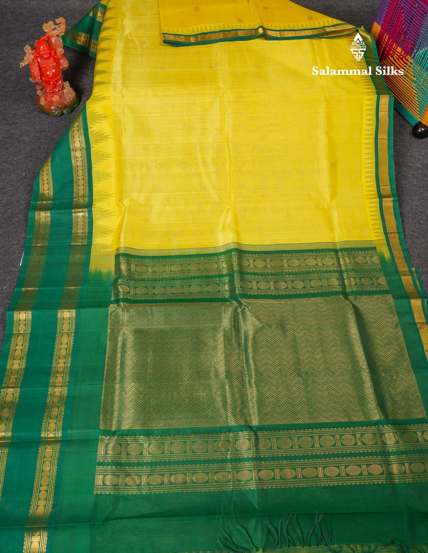 Beautiful Lemon Yellow Zari Butta Pure Silk Cotton Saree With Contrast Saffire Green Traditional Gap Border