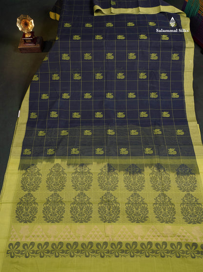Handloom Pure Cotton Saree -  Dark Navy Blue Colour Body With Contrast Parrot Green Blouse 