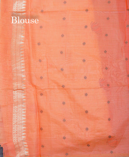 Beautiful Sandal Meenakari Work Muga Cotton Saree With Komatha Pallu Contrast Navy Blue Blouse
