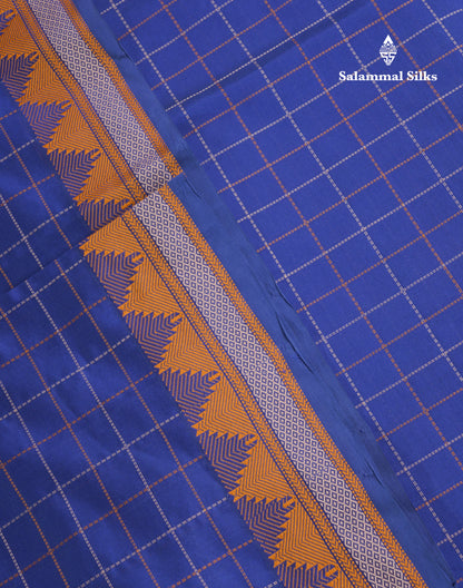 Navy Blue Thread Work Checks Pure Silk Cotton Saree With Contrast Reddish Maroon Blouse