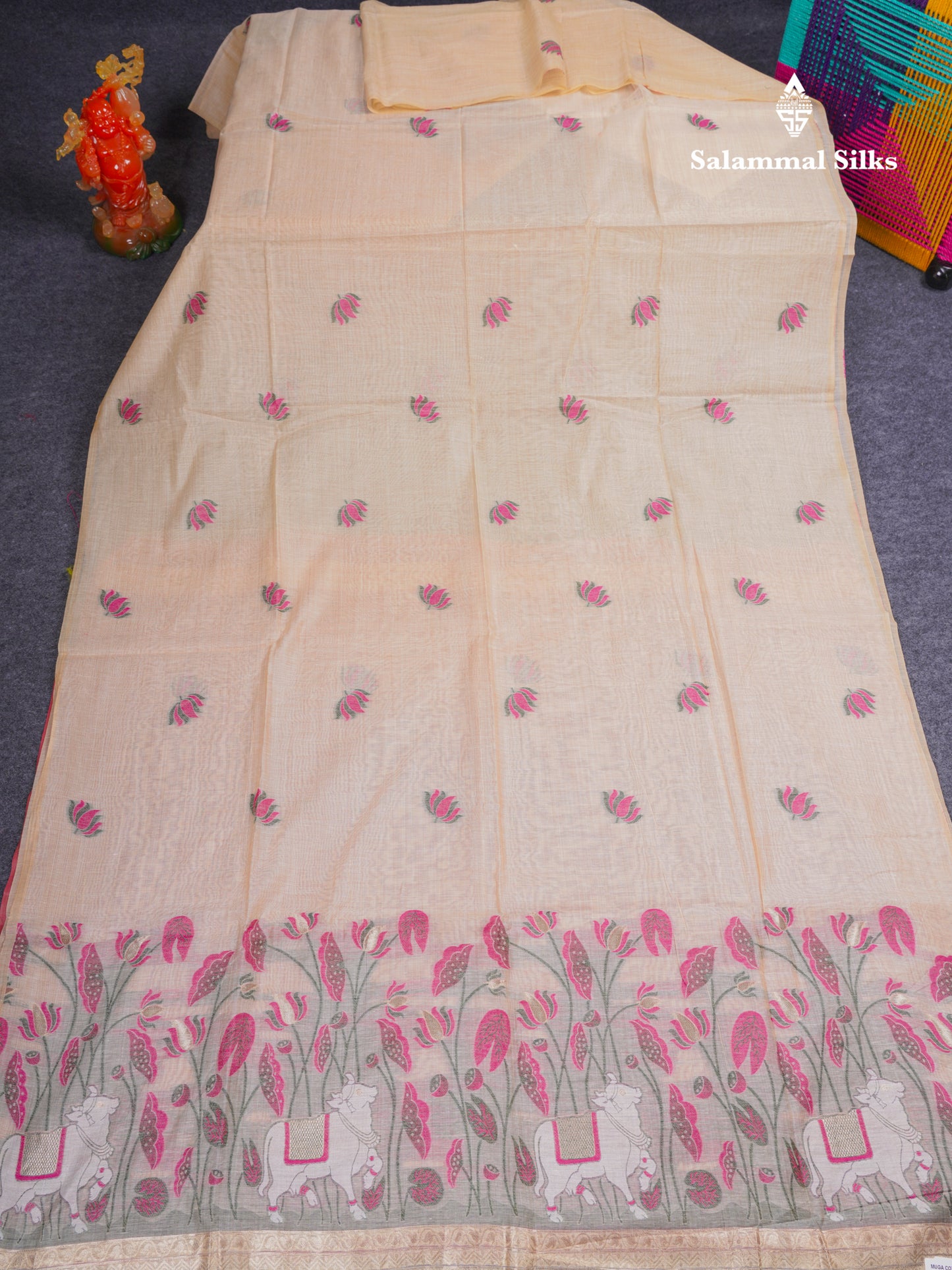 Beautiful Sandal Meenakari Work Muga Cotton Saree With Komatha Pallu Contrast Navy Blue Blouse
