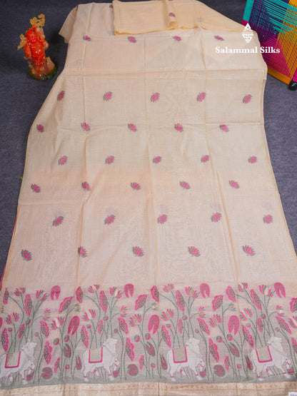 Beautiful Sandal Meenakari Work Muga Cotton Saree With Komatha Pallu Contrast Navy Blue Blouse