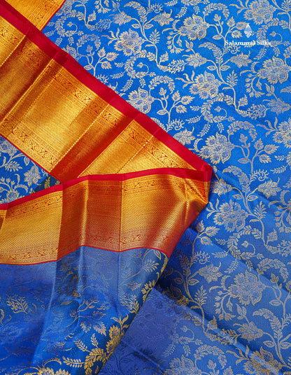 Korvai 2G Zari Kanjivaram Silk Saree - Royal Blue Colour Body With Contrast Maroon Border