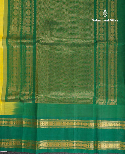 Beautiful Lemon Yellow Zari Butta Pure Silk Cotton Saree With Contrast Saffire Green Traditional Gap Border
