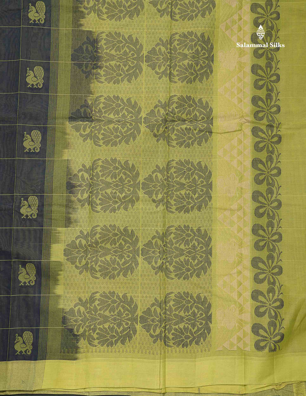 Handloom Pure Cotton Saree -  Dark Navy Blue Colour Body With Contrast Parrot Green Blouse