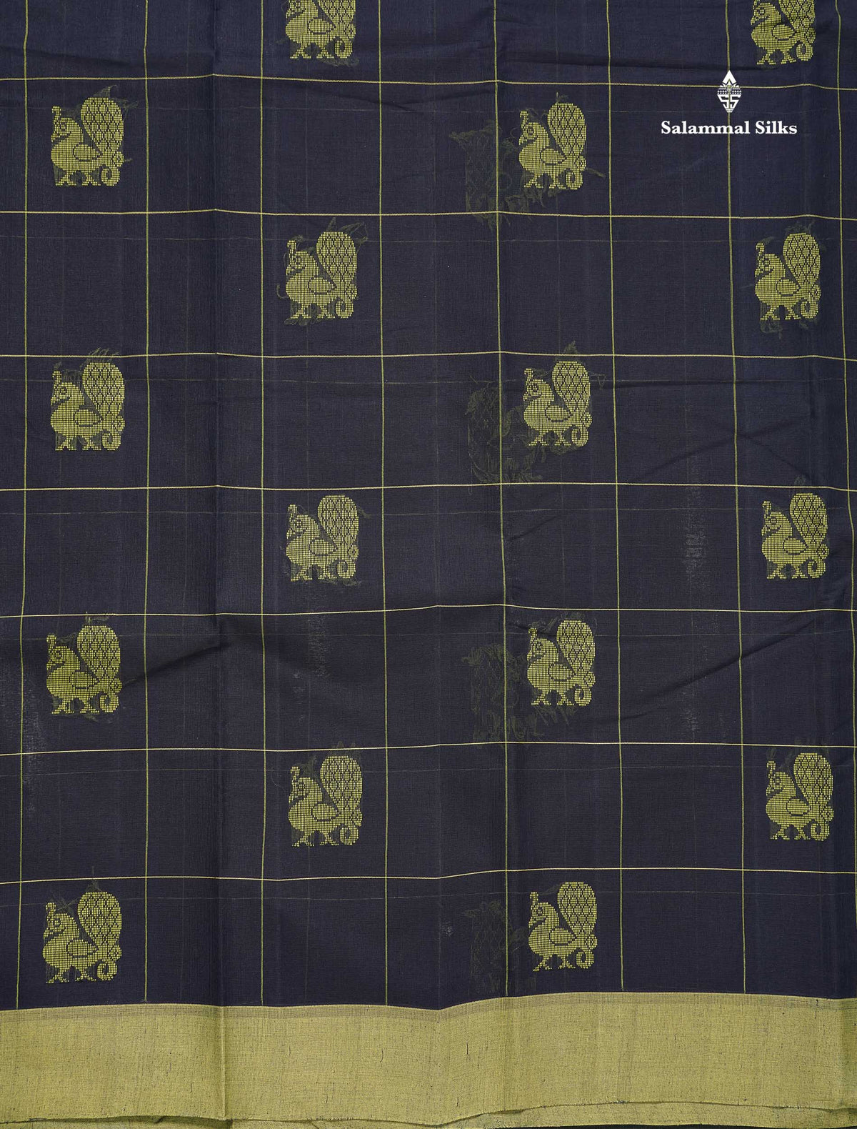 Handloom Pure Cotton Saree -  Dark Navy Blue Colour Body With Contrast Parrot Green Blouse