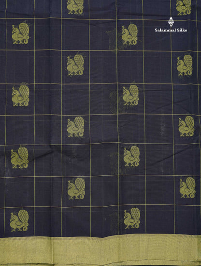 Handloom Pure Cotton Saree -  Dark Navy Blue Colour Body With Contrast Parrot Green Blouse