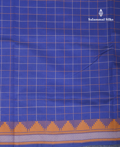 Navy Blue Thread Work Checks Pure Silk Cotton Saree With Contrast Reddish Maroon Blouse
