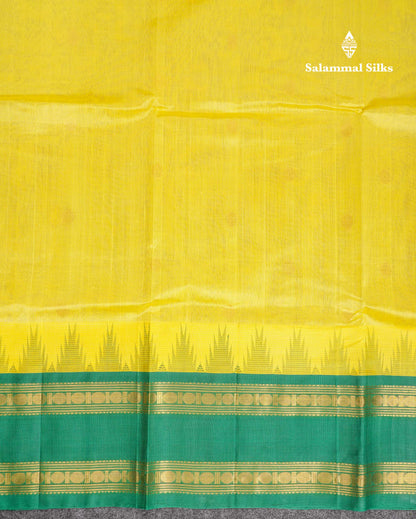 Beautiful Lemon Yellow Zari Butta Pure Silk Cotton Saree With Contrast Saffire Green Traditional Gap Border