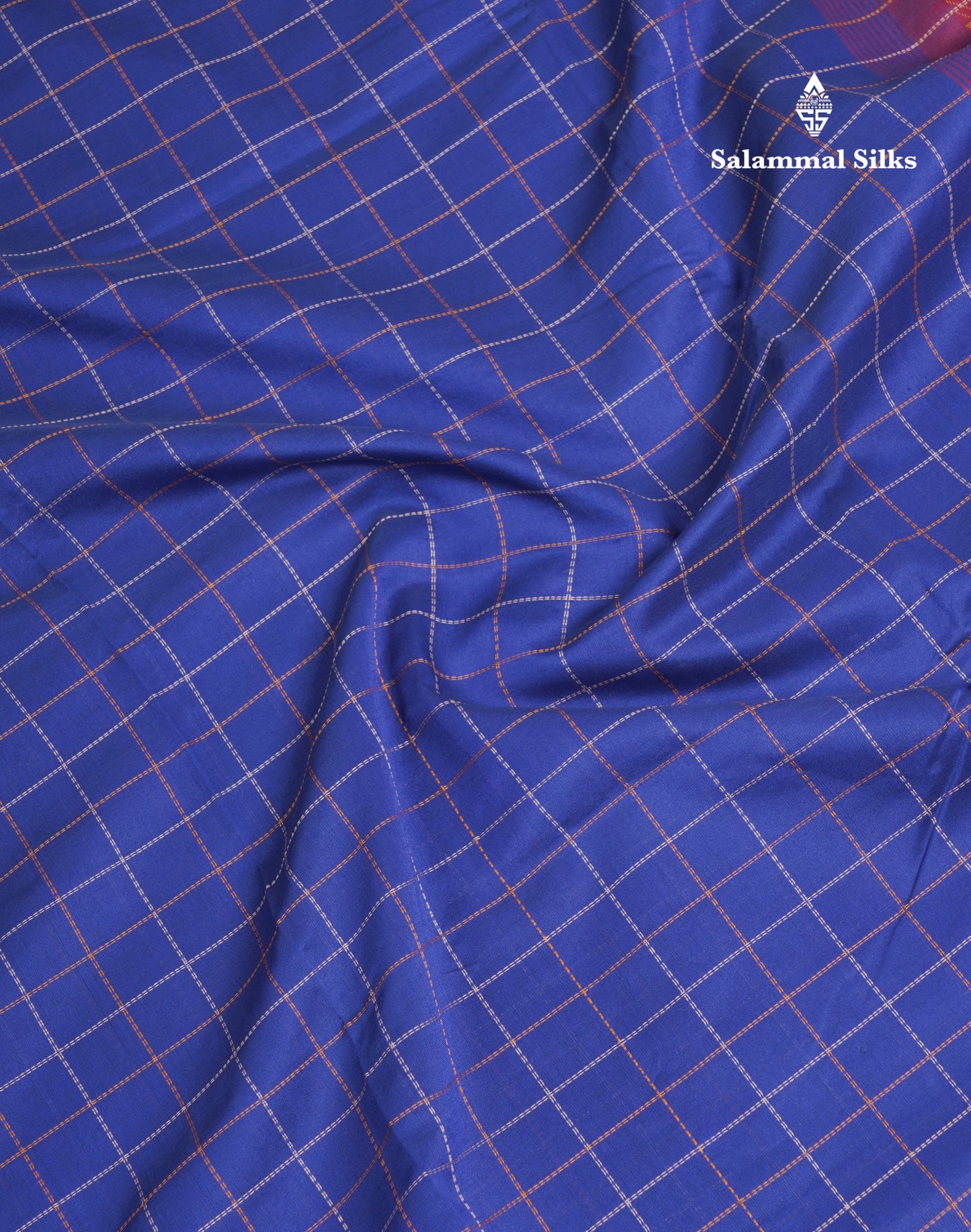 Navy Blue Thread Work Checks Pure Silk Cotton Saree With Contrast Reddish Maroon Blouse