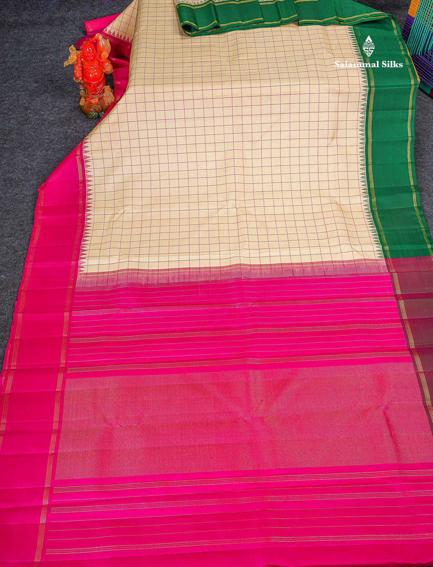 Pure Kanjivaram Silk Saree - Beige Colour Body Checks With Traditional Ganga Jamanu Gap Border 