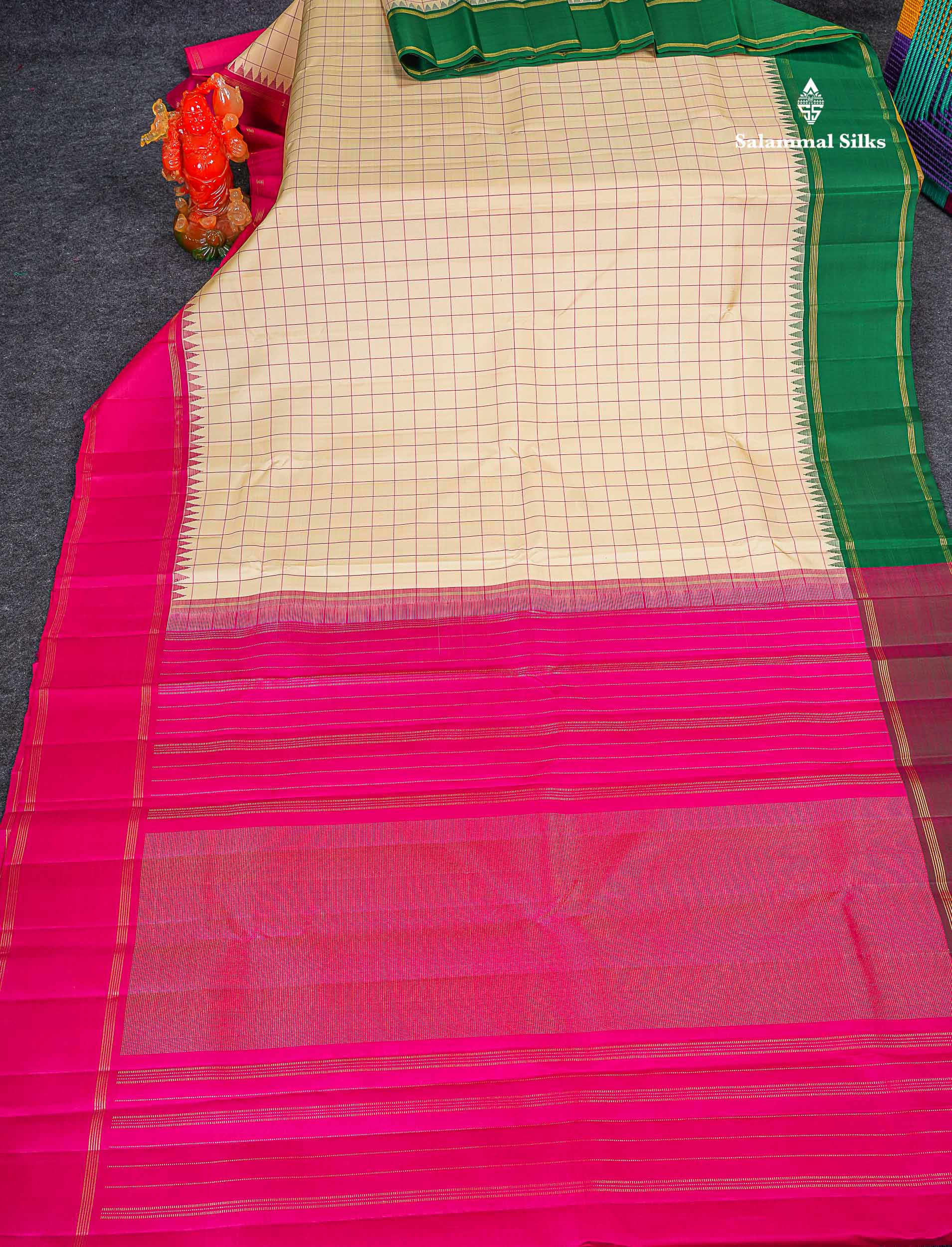 Pure Kanjivaram Silk Saree - Beige Colour Body Checks With Traditional Ganga Jamanu Gap Border 