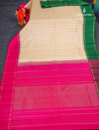 Pure Kanjivaram Silk Saree - Beige Colour Body Checks With Traditional Ganga Jamanu Gap Border 