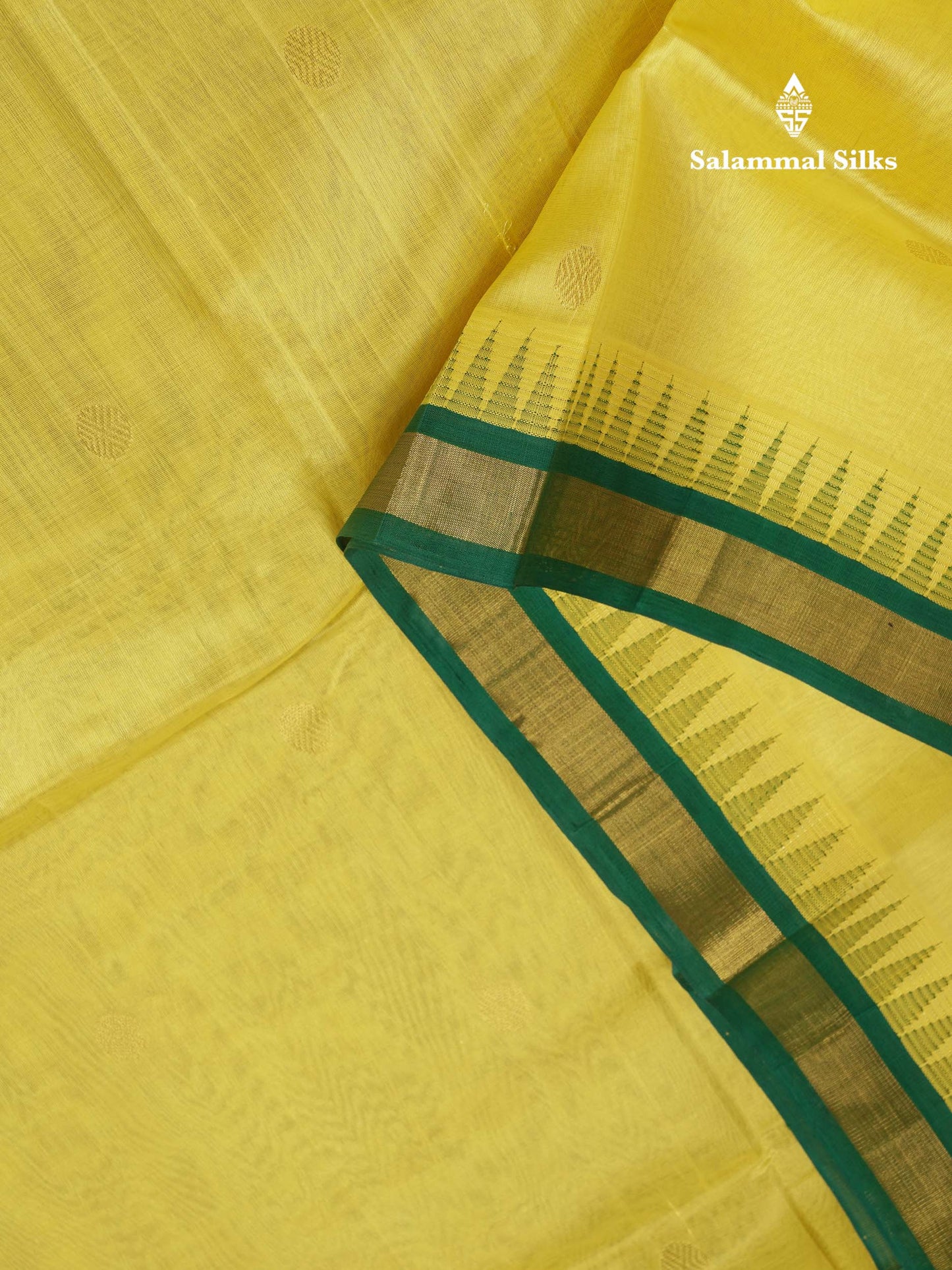 Beautiful Lemon Yellow Zari Butta Pure Silk Cotton Saree With Contrast Saffire Green Traditional Gap Border