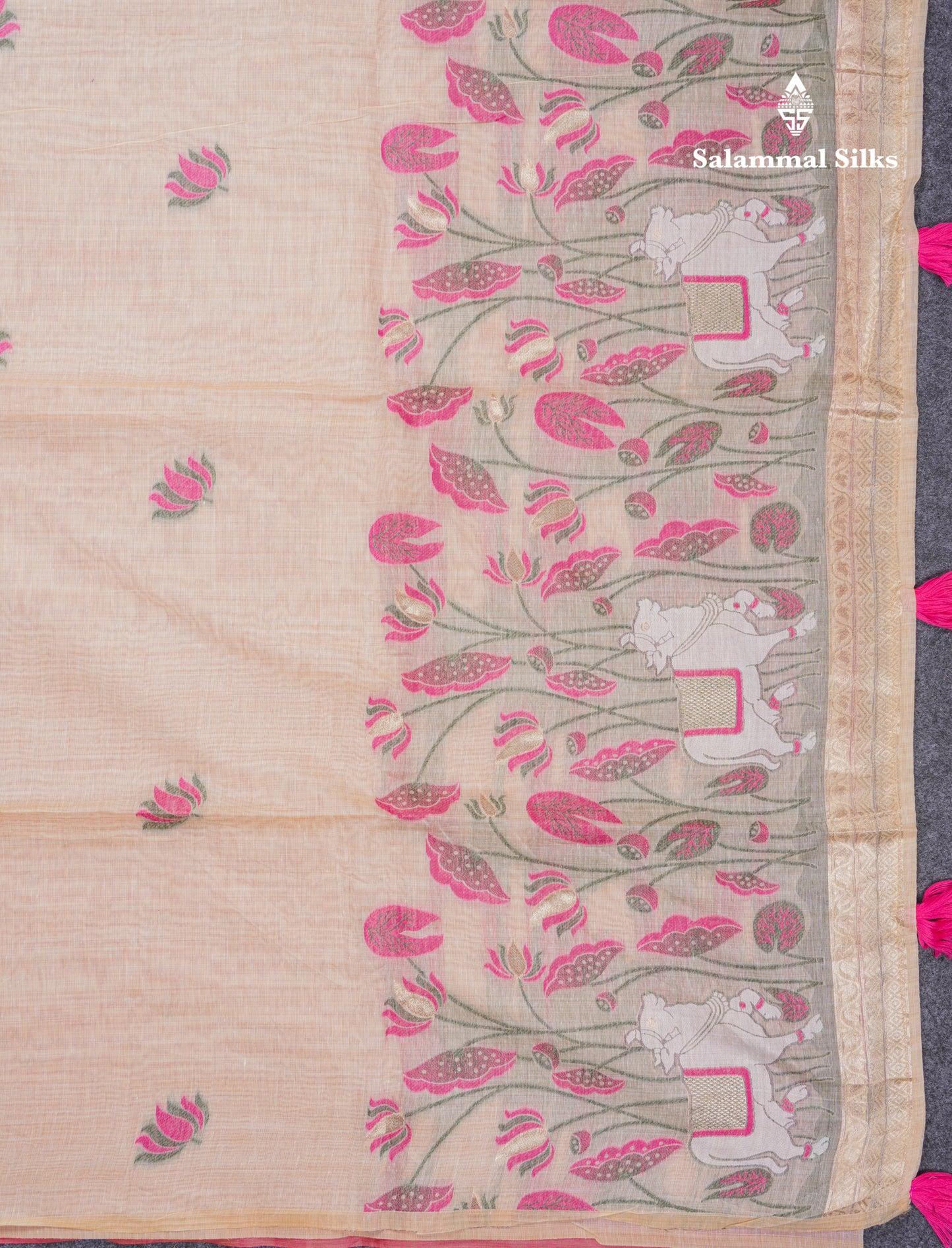 Beautiful Sandal Meenakari Work Muga Cotton Saree With Komatha Pallu Contrast Navy Blue Blouse