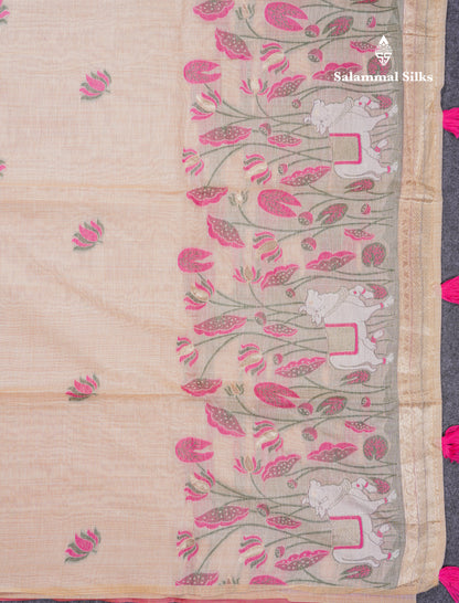Beautiful Sandal Meenakari Work Muga Cotton Saree With Komatha Pallu Contrast Navy Blue Blouse