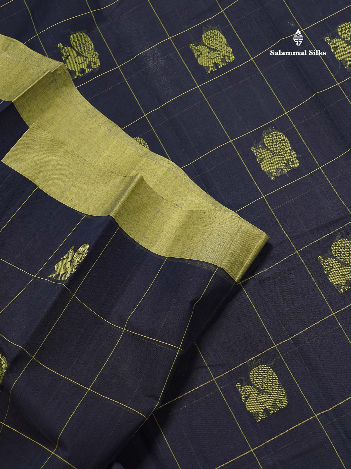 Handloom Pure Cotton Saree -  Dark Navy Blue Colour Body With Contrast Parrot Green Blouse