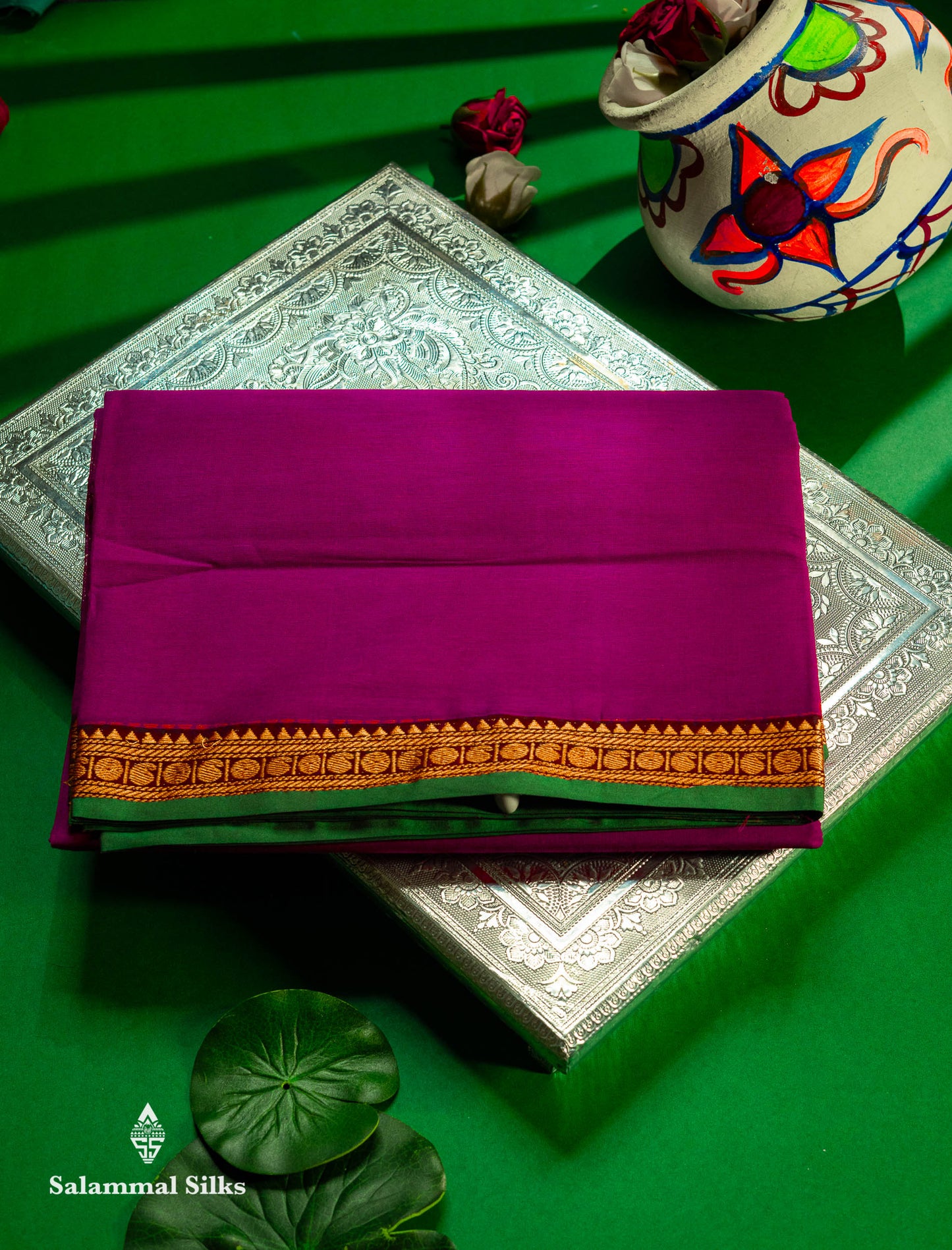 Beautiful Redish Maroon Plain Pure Cotton Saree With Contrast Dual Tone Bottle Green Thread Work Traditional Small Border