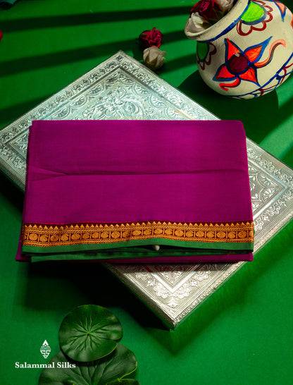 Beautiful Redish Maroon Plain Pure Cotton Saree With Contrast Dual Tone Bottle Green Thread Work Traditional Small Border