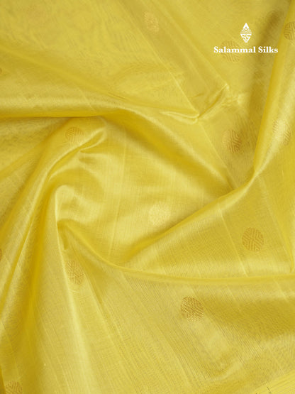 Beautiful Lemon Yellow Zari Butta Pure Silk Cotton Saree With Contrast Saffire Green Traditional Gap Border