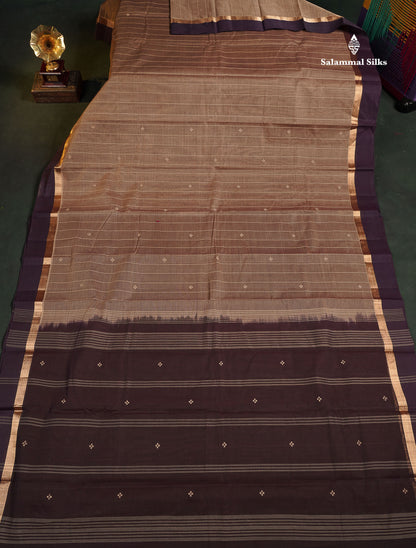 Handloom Pure Cotton Saree -  Light Brown Colour Body With Contrast Dark Brown Blouse 