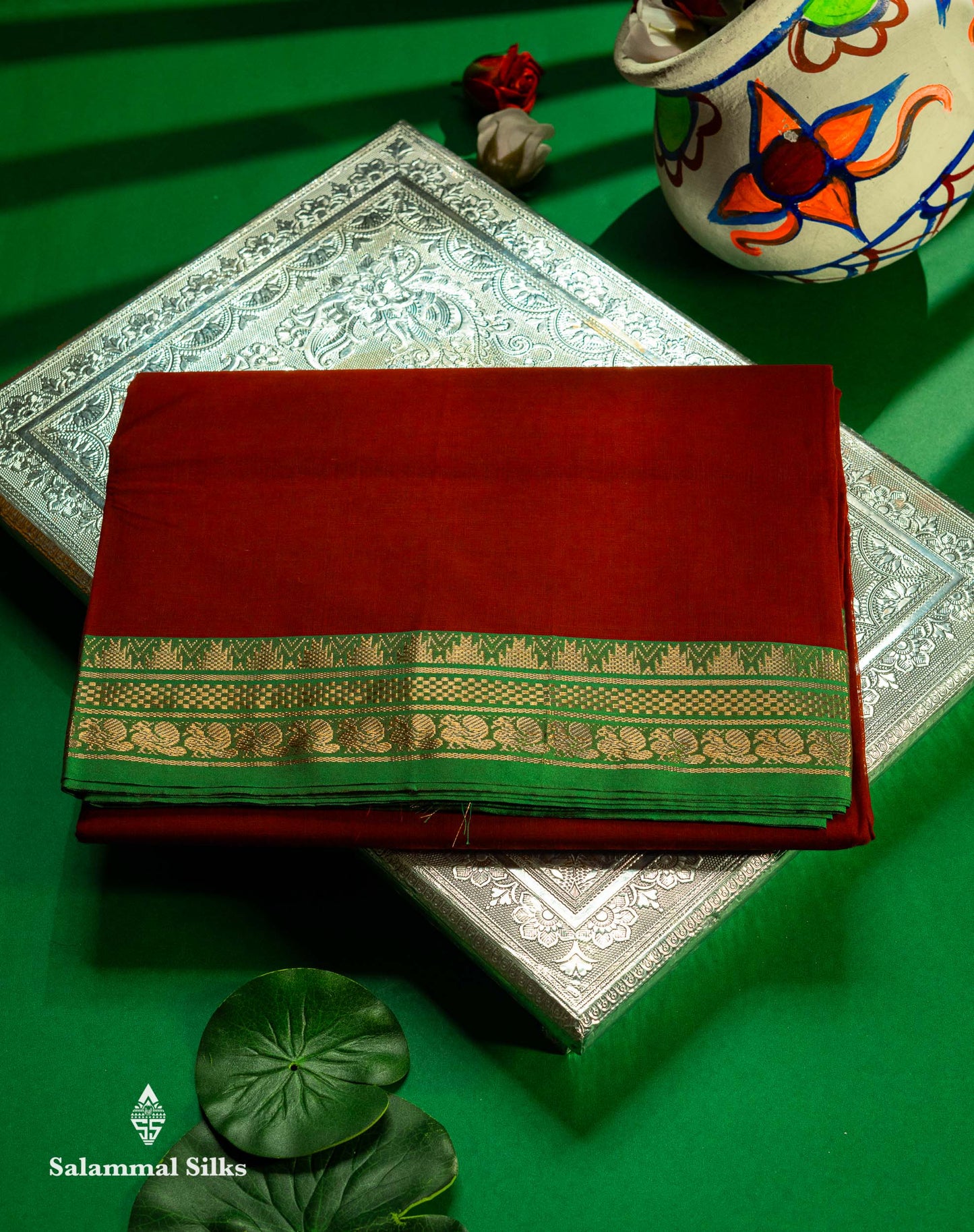 Beautiful Maroon Plain Pure Cotton Saree With Contrast Green Traditional Border