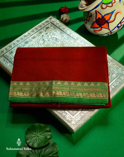 Beautiful Maroon Plain Pure Cotton Saree With Contrast Green Traditional Border