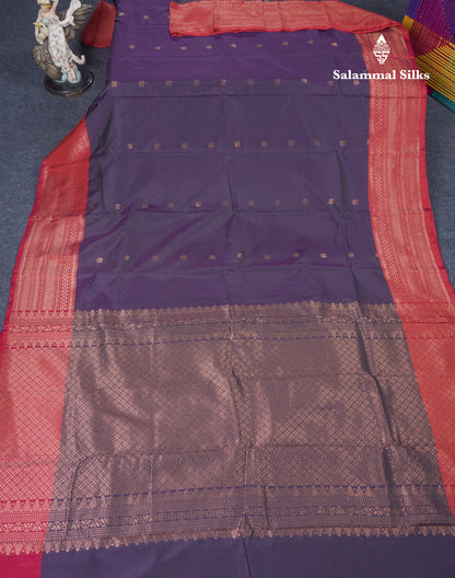 Dark Purple Semi Silk Saree With Contrast Reddish Pink Border